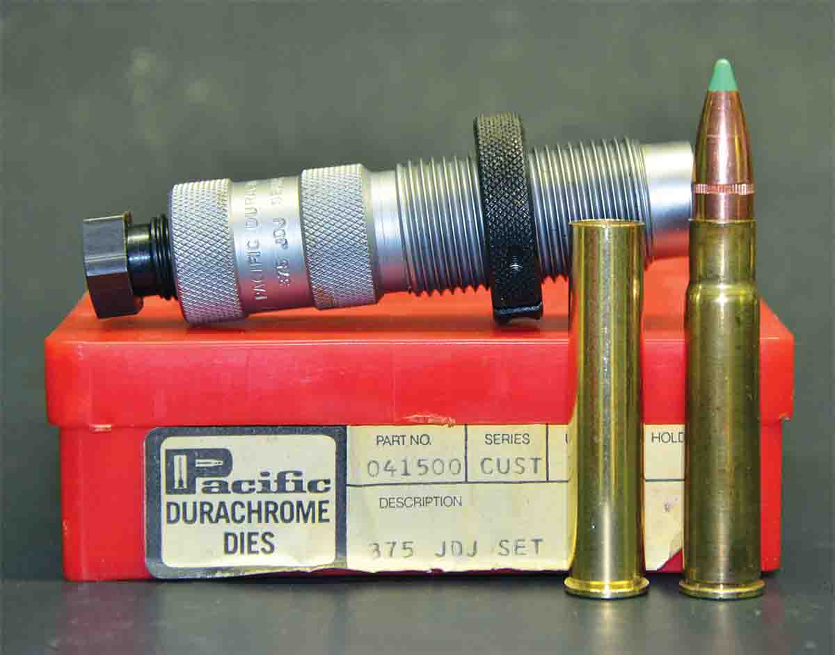 Cases are formed by using a full-length resizing die to neck down the .444 Marlin case (left) and fireforming to the .375 JDJ shape (right).